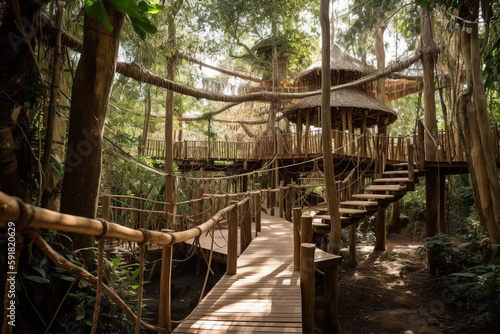 Panorama of wooden walking bridges crisscrossing between treehouses of different levels, connected by winding staircases. Where guests listening to the sounds of the surrounding forest. Generative AI