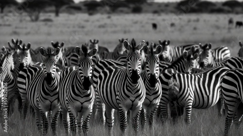 Group of zebras grazing on a grassy plain. Generative AI