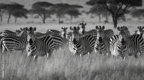 Group of zebras grazing on a grassy plain. Generative AI