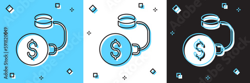 Set Debt ball chained to dollar coin icon isolated on blue and white, black background. Big heavy debt weight with shackles and money. Financial crime, fee, crisis. Vector
