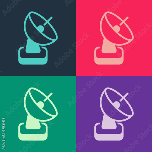 Pop art Radar icon isolated on color background. Search system. Satellite sign. Vector