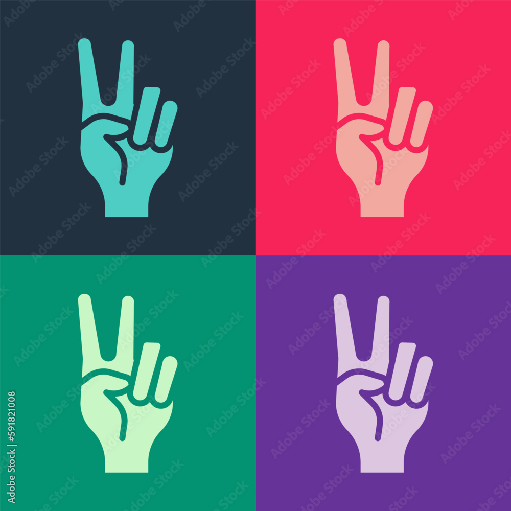 Pop art Hand showing two finger icon isolated on color background. Hand gesture V sign for victory or peace. Vector Pop art Hand showing two finger icon isolated on color background. Hand gesture V sign for victory or peace. Vector