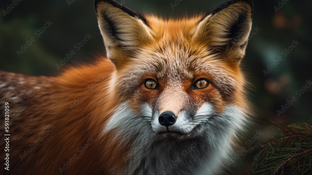 Close-up of a red fox's face in the forest. Generative AI Close-up of a red fox's face in the forest. Generative AI