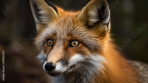 Close-up of a red fox's face in the forest. Generative AI © bomoge.pl