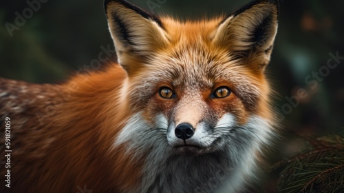 Close-up of a red fox's face in the forest. Generative AI © bomoge.pl