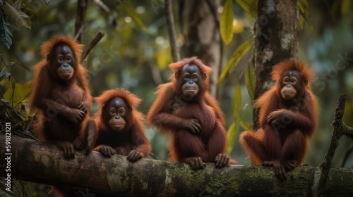 Group of orangutans swinging on tree branches in the jungle. Generative AI © bomoge.pl