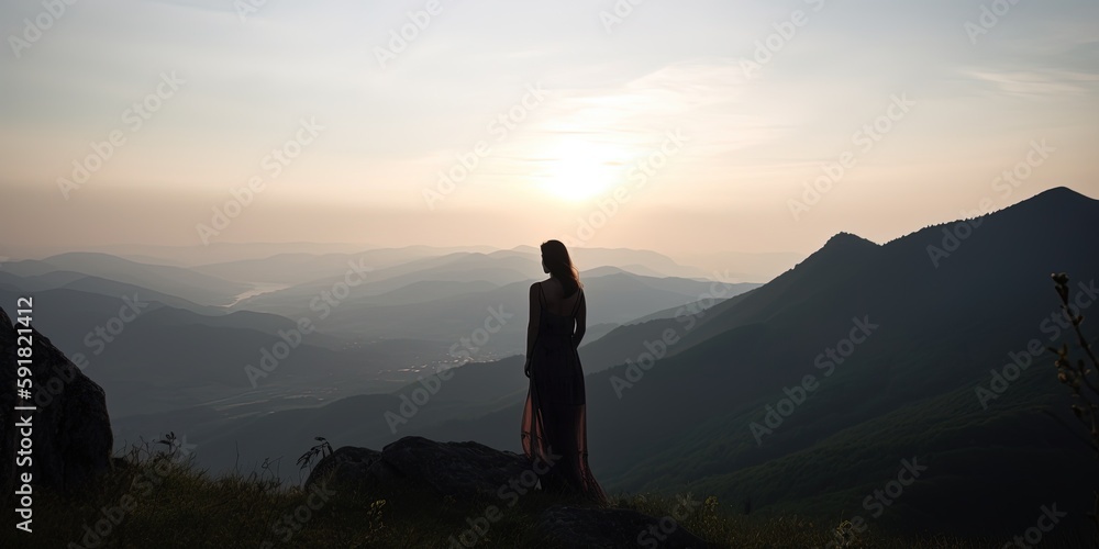 Silhouette of a girl in the mountains at sunset. Beautiful landscape Generative, generative AI