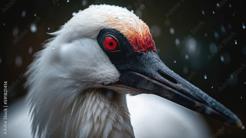 Fototapeta premium Close-up of a red-crowned crane's face in the snow. Generative AI