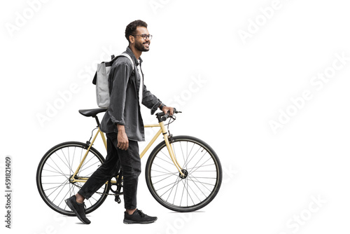Young handsome man with bike isolated transparent PNG, Full length portrait of smiling student man with bicycle, Modern healthy lifestyle, travel, casual business concept