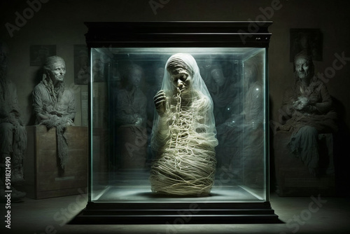 Momias en vitrina expuestas en museo. Generative ai.