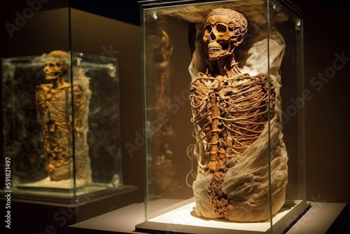 Momias en vitrina expuestas en museo. Generative ai.