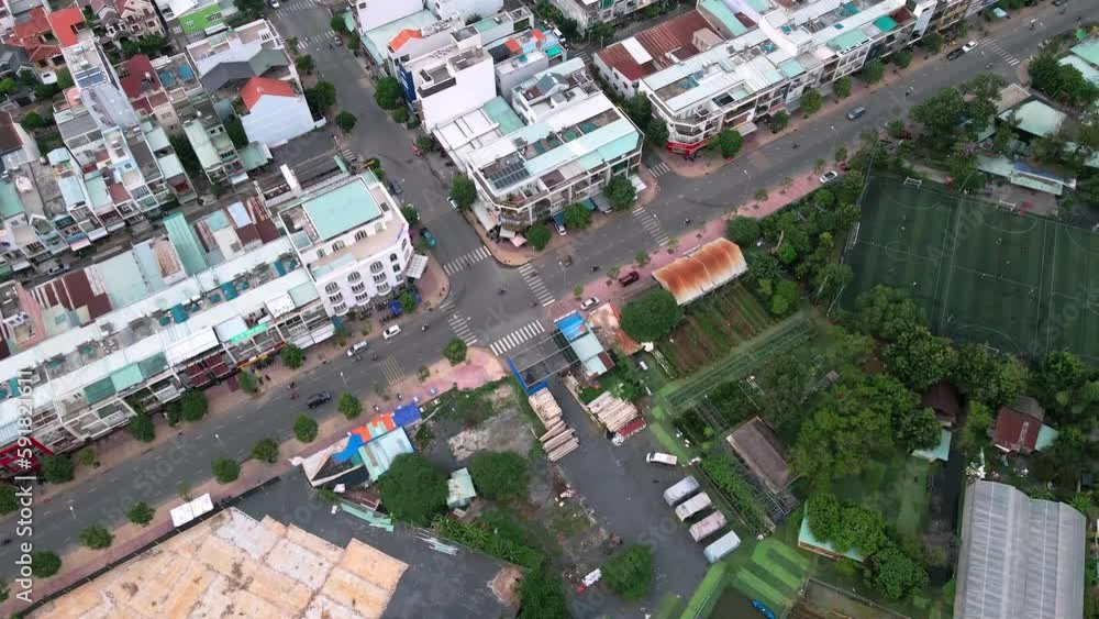 Townscape with residential buildings and urban road from above Townscape with residential buildings and urban road from above