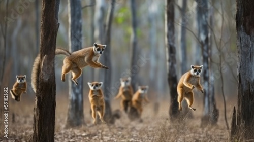 Group of lemurs jumping on trees in the forest. Generative AI