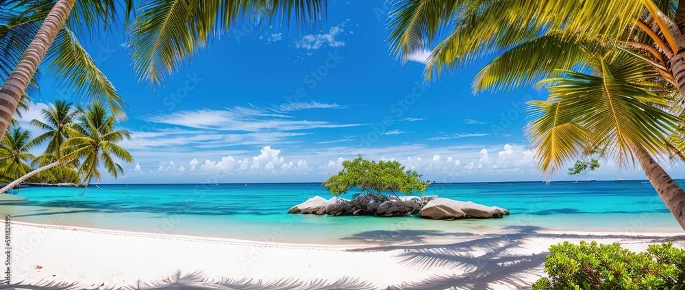 Paradise beach of a tropical island, palm trees, white sand, azure water, Generative AI. - obrazy, fototapety, plakaty 
