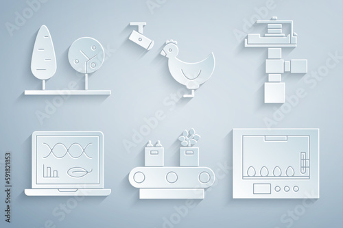Set Conveyor belt with box, Automatic irrigation sprinklers, Genetic engineering modification, Incubator for eggs, Chicken farm and camera and Trees icon. Vector