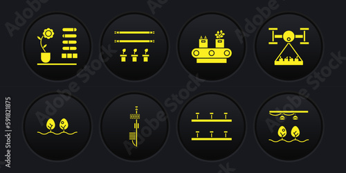 Set Plant, Smart farm with drone, Standalone sensor, Automatic irrigation sprinklers, Conveyor belt box, bulb plant, and Flower status icon. Vector