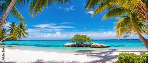Canvastavla Paradise beach of a tropical island, palm trees, white sand, azure water, Generative AI