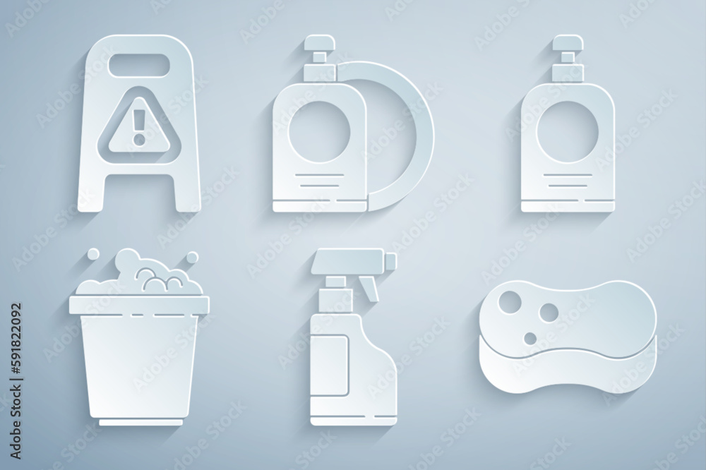 Set Spray bottle with detergent liquid, Hand sanitizer, Bucket soap suds, Sponge, Dishwashing plate and Wet floor cleaning progress icon. Vector Set Spray bottle with detergent liquid, Hand sanitizer, Bucket soap suds, Sponge, Dishwashing plate and Wet floor cleaning progress icon. Vector