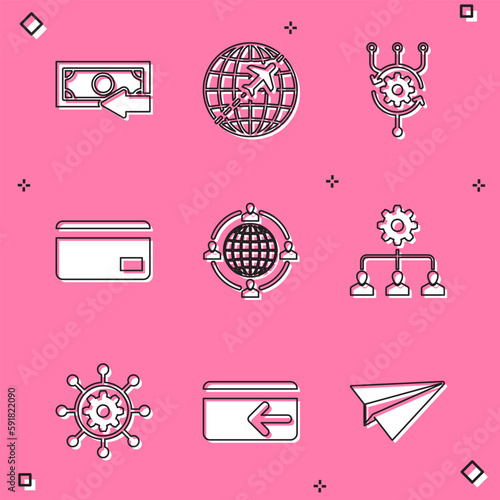 Set Cash back, Globe with flying plane, Algorithm, Credit card, Outsourcing concept and Lead management icon. Vector