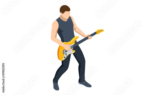 Isometric Realistic Electric Guitar. Man playing an electric guitar isolated on white background