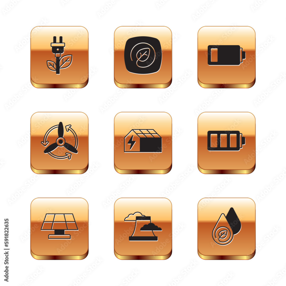 Set Electric saving plug in leaf, Solar energy panel, Nuclear power plant, Wind turbine, Battery, Water and Location with icon. Vector Set Electric saving plug in leaf, Solar energy panel, Nuclear power plant, Wind turbine, Battery, Water and Location with icon. Vector