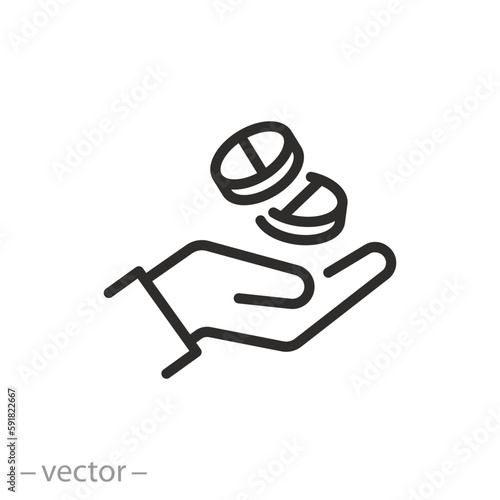 pills in hand icon, palm holding medicals tablets, taking medicines, thin line symbol on white background - editable stroke vector illustration eps10