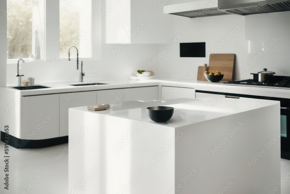 Close view on bright kitchen room interior with white wall , Generative AI. Close view on bright kitchen room interior with white wall , Generative AI.
