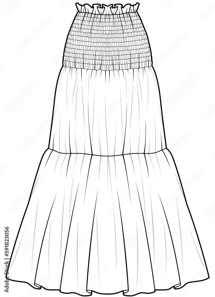 womens long smocked maxi skirt flat sketch vector illustration ...