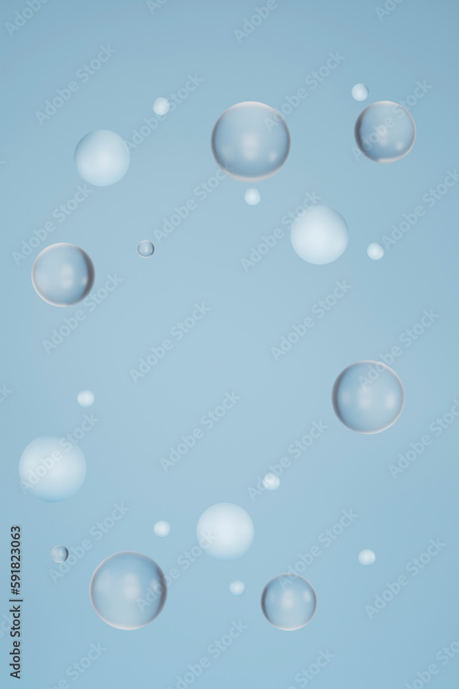 3d render, glass spheres levitate, monochrome color