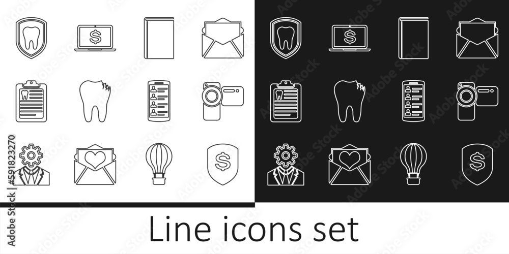 Set line Shield and dollar, Cinema camera, Book, Broken tooth, Clipboard with dental card, Dental protection, Smartphone contacts and Laptop icon. Vector Set line Shield and dollar, Cinema camera, Book, Broken tooth, Clipboard with dental card, Dental protection, Smartphone contacts and Laptop icon. Vector