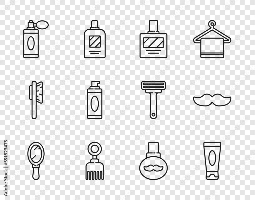 Set line Hand mirror, Cream lotion cosmetic tube, Aftershave, Hairbrush, bottle with atomizer, Shaving gel foam, Beard mustaches care oil and Mustache icon. Vector Set line Hand mirror, Cream lotion cosmetic tube, Aftershave, Hairbrush, bottle with atomizer, Shaving gel foam, Beard mustaches care oil and Mustache icon. Vector