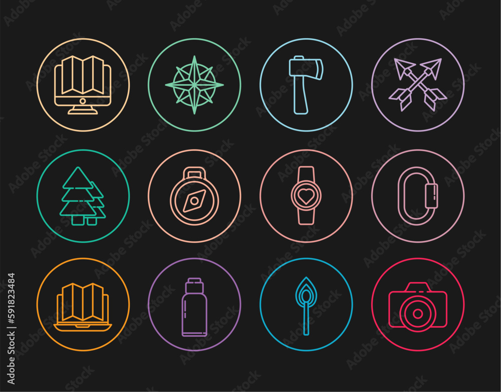 Set line Photo camera, Carabiner, Wooden axe, Compass, Tree, Location of the forest monitor, Smart watch showing heart beat rate and Wind rose icon. Vector Set line Photo camera, Carabiner, Wooden axe, Compass, Tree, Location of the forest monitor, Smart watch showing heart beat rate and Wind rose icon. Vector