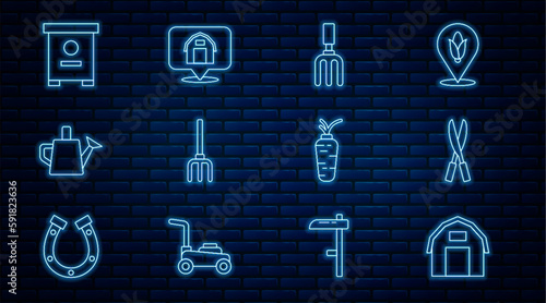 Set line Farm house, Gardening handmade scissors, rake, pitchfork, Watering can, Hive bees, Carrot and Location farm icon. Vector