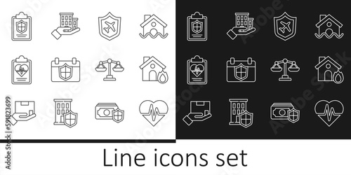 Set line Health insurance, Fire burning house, Plane with shield, Calendar, Document, Scales of justice and House icon. Vector