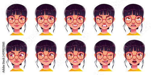 Girl face avatar with different emotion expression icon set. Woman character happy, sad, angry and surprise cartoon portrait isolated on white background. Wow and upset profile portrait illustration.