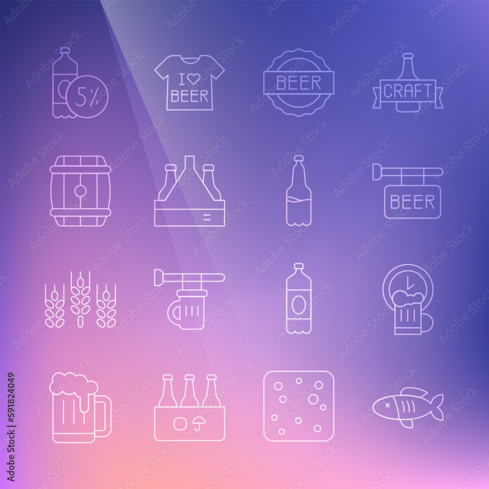 Set line Dried fish, Happy hour, Street signboard with Beer, Bottle cap beer, Pack of bottles, Wooden barrel, and Plastic icon. Vector Set line Dried fish, Happy hour, Street signboard with Beer, Bottle cap beer, Pack of bottles, Wooden barrel, and Plastic icon. Vector