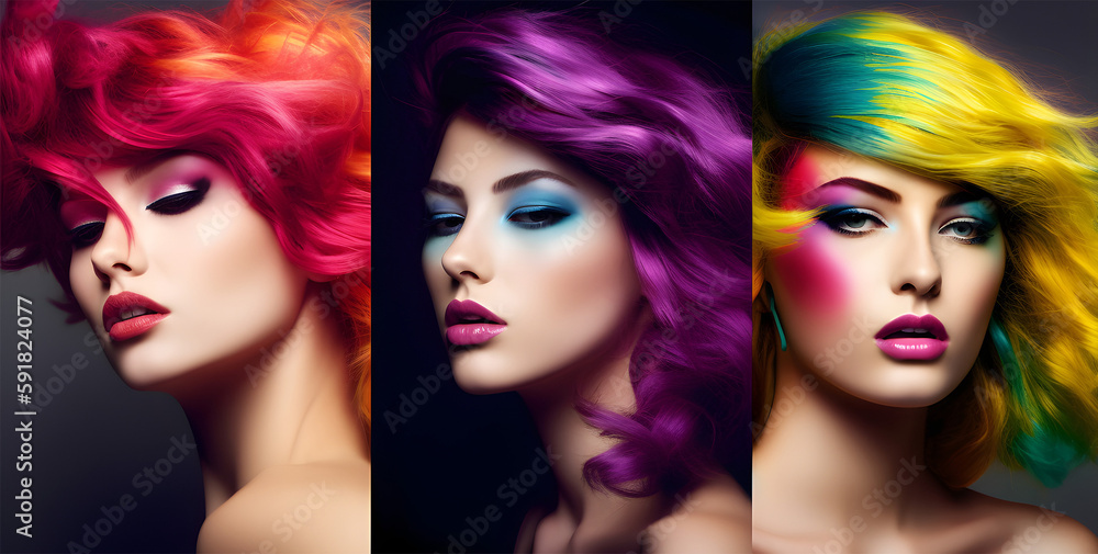 Obraz premium fashion trendy photo of models of three young girls of model European appearance for advertising with bright make-up and creative colors in clothes with colored hair. banner Generative AI