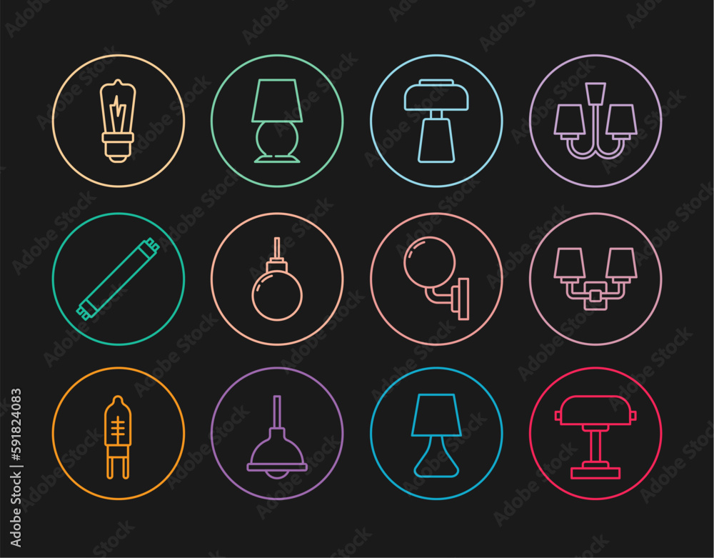 Set line Table lamp, Wall or sconce, Lamp hanging, Fluorescent, Light bulb, and icon. Vector Set line Table lamp, Wall or sconce, Lamp hanging, Fluorescent, Light bulb, and icon. Vector