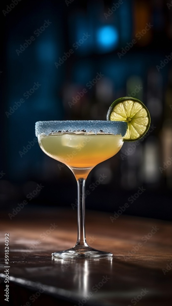 cocktail glass, with lemon, on the counter, in the bar, the bar counter is out of focus on the background, generated in AI