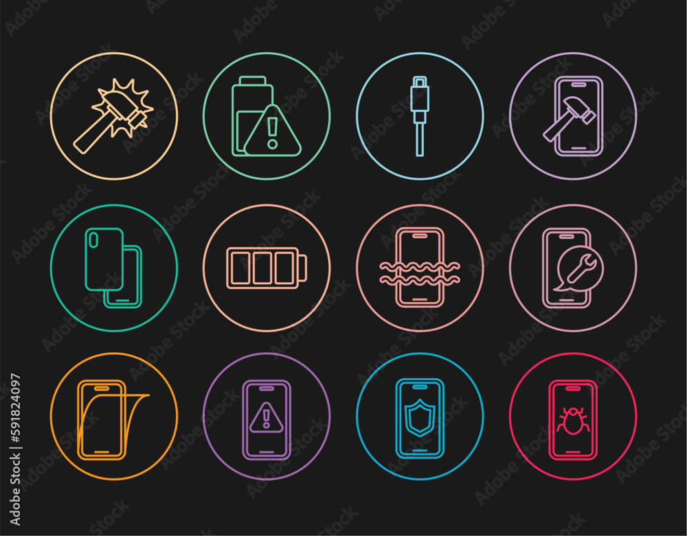 Set line System bug on mobile, Mobile service, USB cable cord, Battery, Smartphone, Hammer, Waterproof and battery charge icon. Vector Set line System bug on mobile, Mobile service, USB cable cord, Battery, Smartphone, Hammer, Waterproof and battery charge icon. Vector