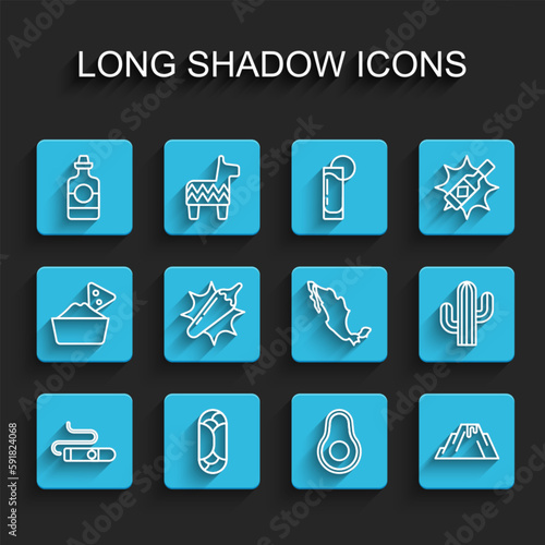 Set line Cigar, Burrito, Tequila bottle, Avocado fruit, Volcano eruption with lava, Hot chili pepper pod, Cactus and Map of mexican icon. Vector