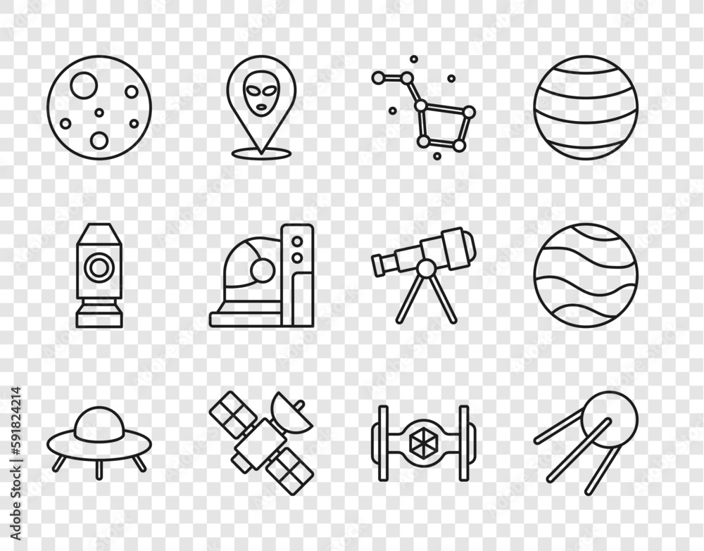 Set line UFO flying spaceship, Satellite, Great Bear constellation, Planet Mars, Astronaut helmet, Cosmic and icon. Vector