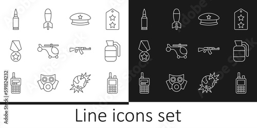 Set line Walkie talkie, Hand grenade, Military beret, Helicopter, reward medal, Bullet, Submachine gun and Rocket launcher icon. Vector