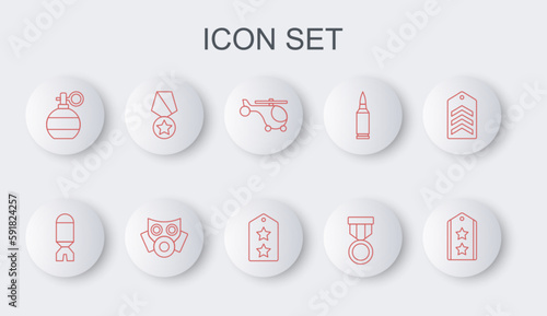 Set line Military rank, Rocket launcher, Helicopter, reward medal, Hand grenade, Gas mask and icon. Vector