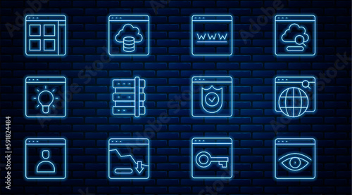Set line Browser incognito window, Search engine, Server, files, with shield and Cloud technology data transfer icon. Vector