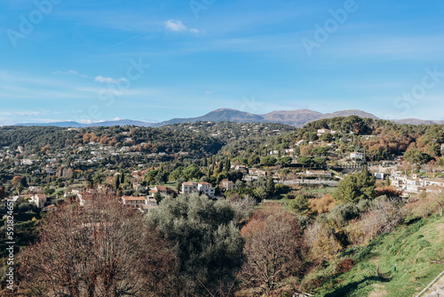 View from the medieval village of Saint Paul de Vence to the mountains and neighboring communes of Provence.