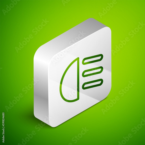 Isometric line High beam icon isolated on green background. Car headlight. Silver square button. Vector