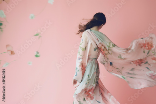 fashion woman beauty falling colorful spring blossom art flying flower peony. Generative AI.