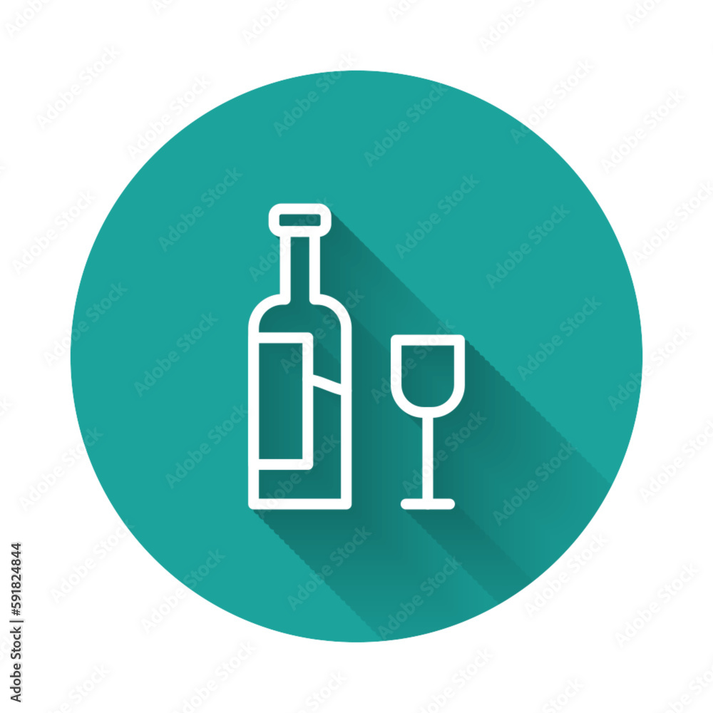 White line Wine bottle with glass icon isolated with long shadow. Green circle button. Vector White line Wine bottle with glass icon isolated with long shadow. Green circle button. Vector