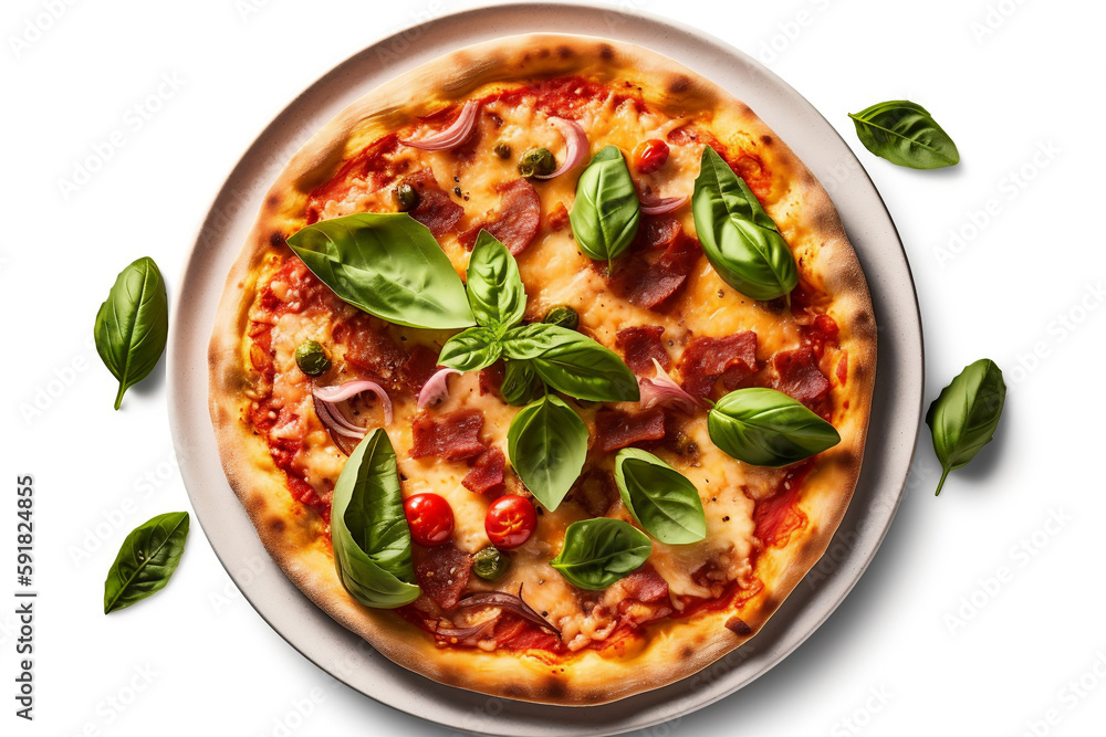 pizza on a white plate on an isolated white background pizza on a white plate on an isolated white background